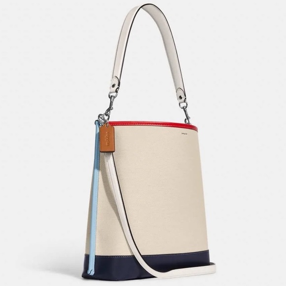 🚨SOLD🚨COACH Mollie Smooth Leather & Jacquard Colorblock Double Straps Bucket Bag - Picture 2 of 14